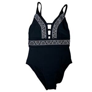 Freshwater|One Piece Swim Suit|Plunge Front/Embroidered|Black|NWT|SZ XS‎